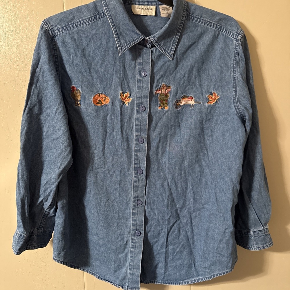 Vintage Lemon Grass Fall Embroidered Jean Shirt Sz 1x